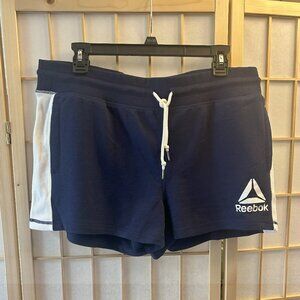 Reebok shorts women's size L tie-waist terry workout navy blue with white logo